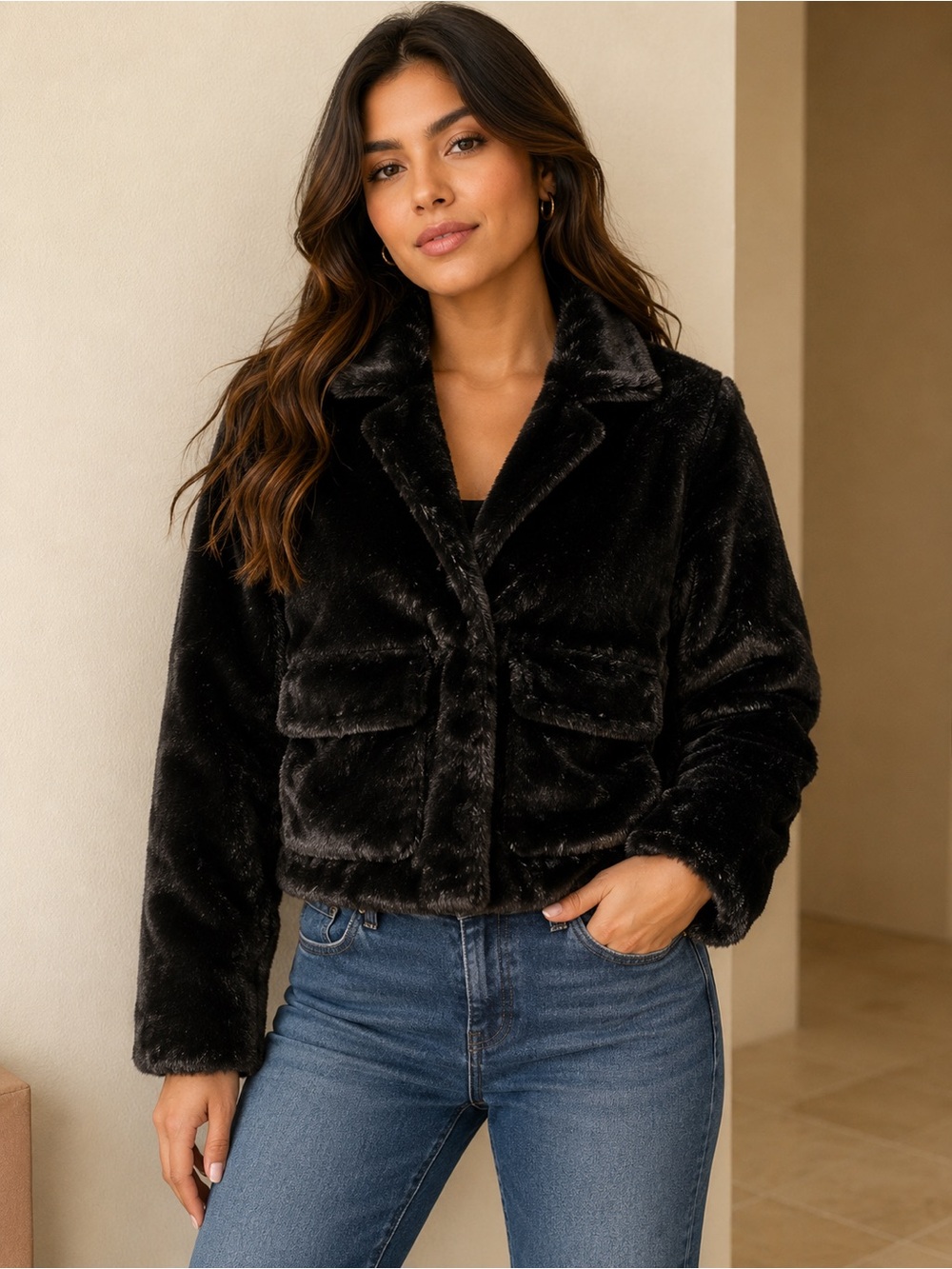 PrettyLittleThing Black Faux Fur Cropped Jacket Size 6